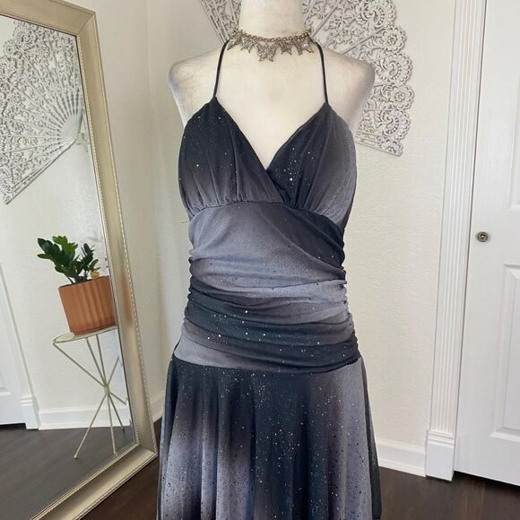 GRACE Silver Black Sequin Glitter Witchy Vampy Asymmetric Gothic Dress L - Picture 4 of 8